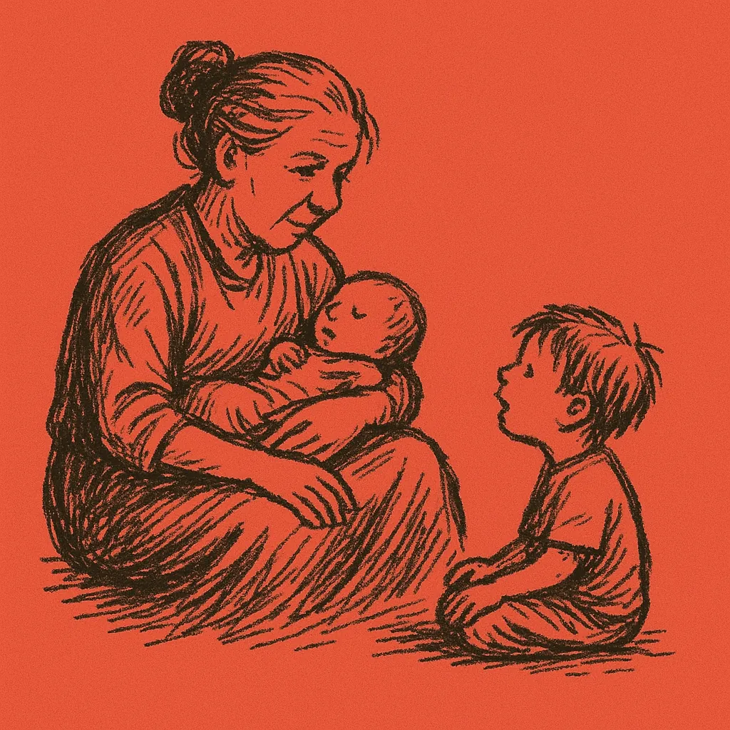 Zeichnung: Kinder hüten, zum Haushalt schauen