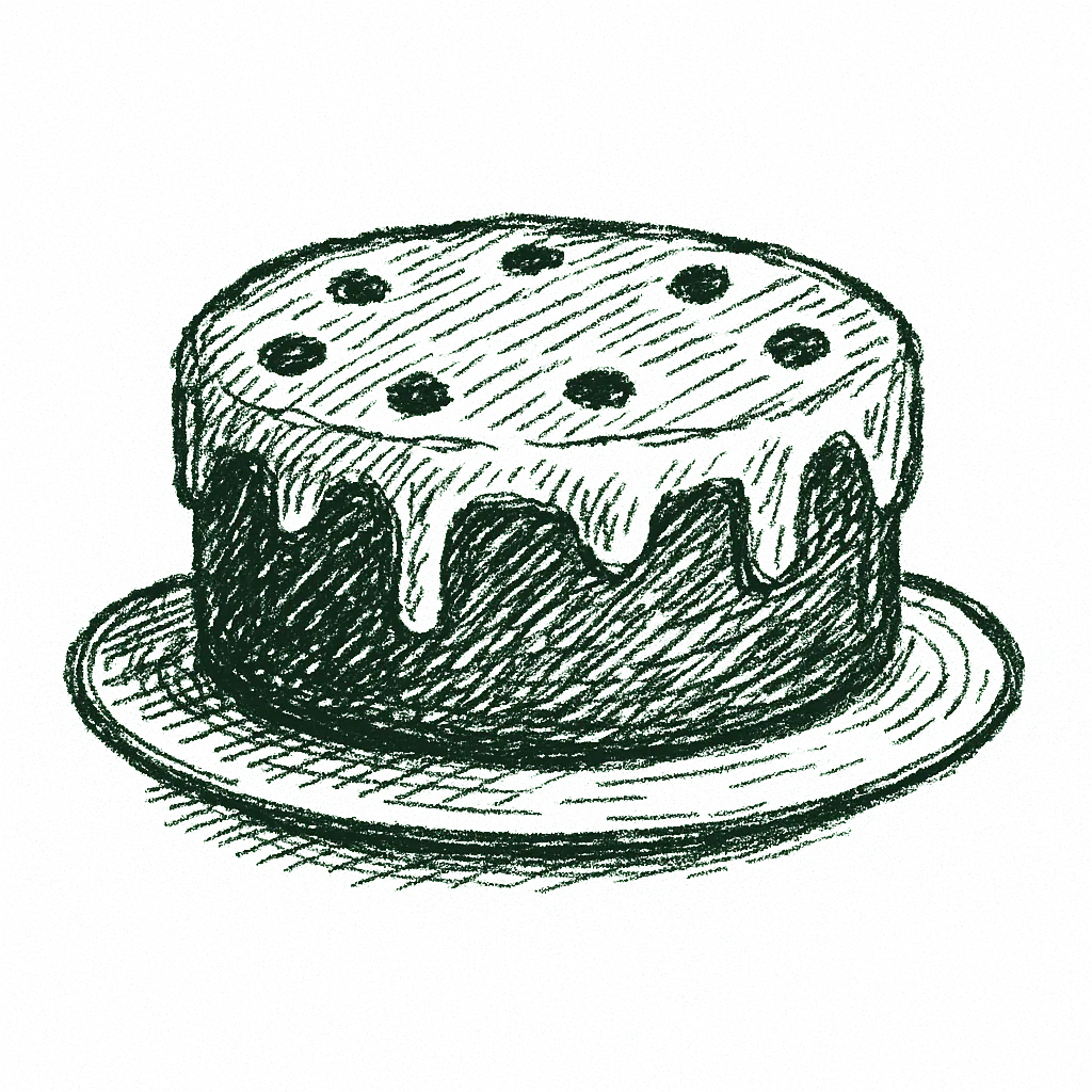Zeichnung: 1. Kuchen, kleiner Kuchen 2. etwas Zusammengedrücktes, flach wie ein Kuchen